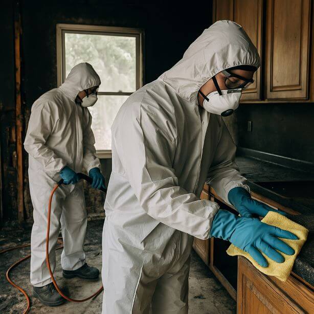 Fire damage cleanup crew wearing respirators during Dallas home restoration